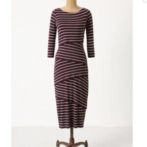 ANTHROPOLOGIE BAILEY 44 Purple Cream Stripe Bodycon Stretch Midi Dress S Knit